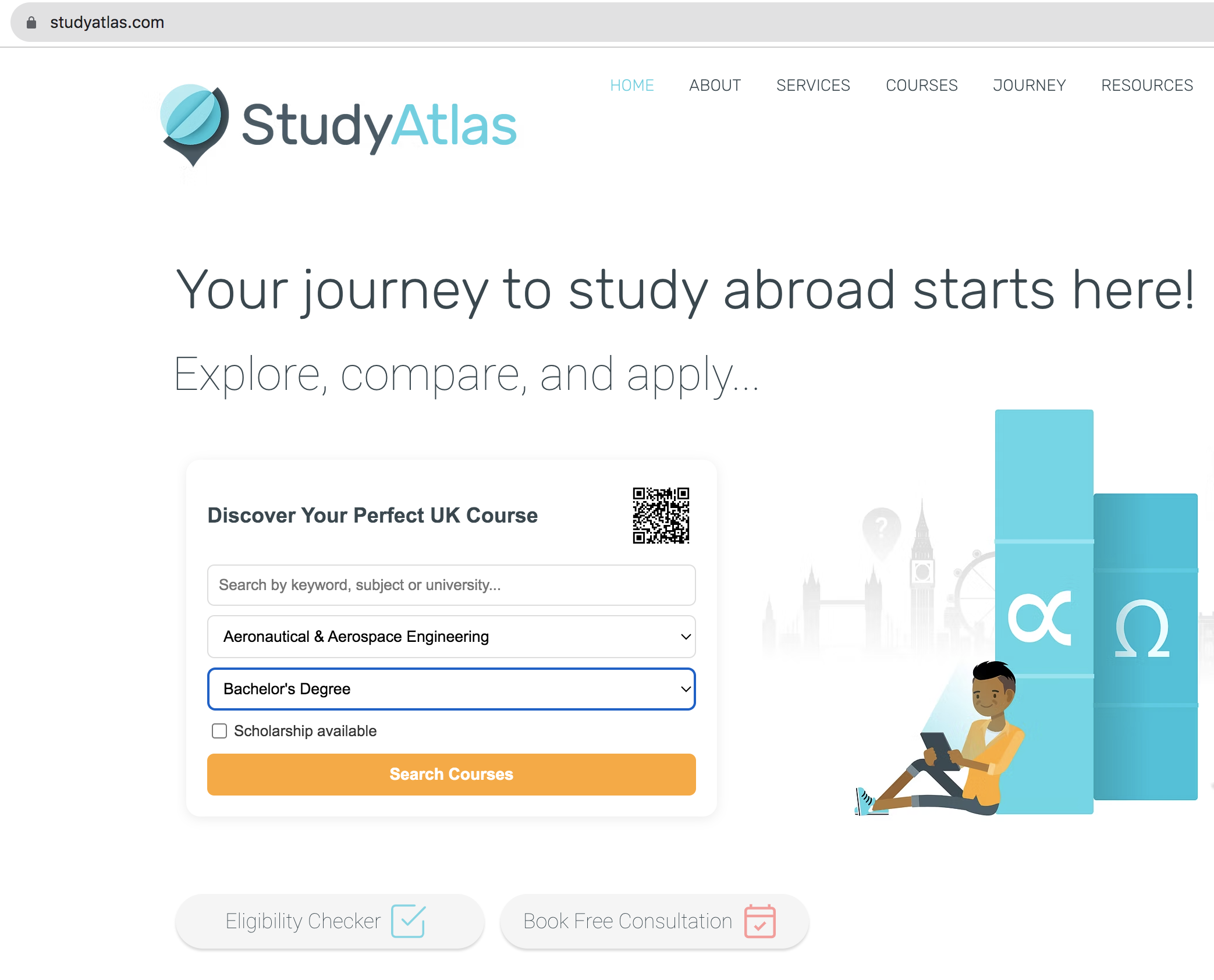Smart Course Finder widget embedded on an agent website homepage